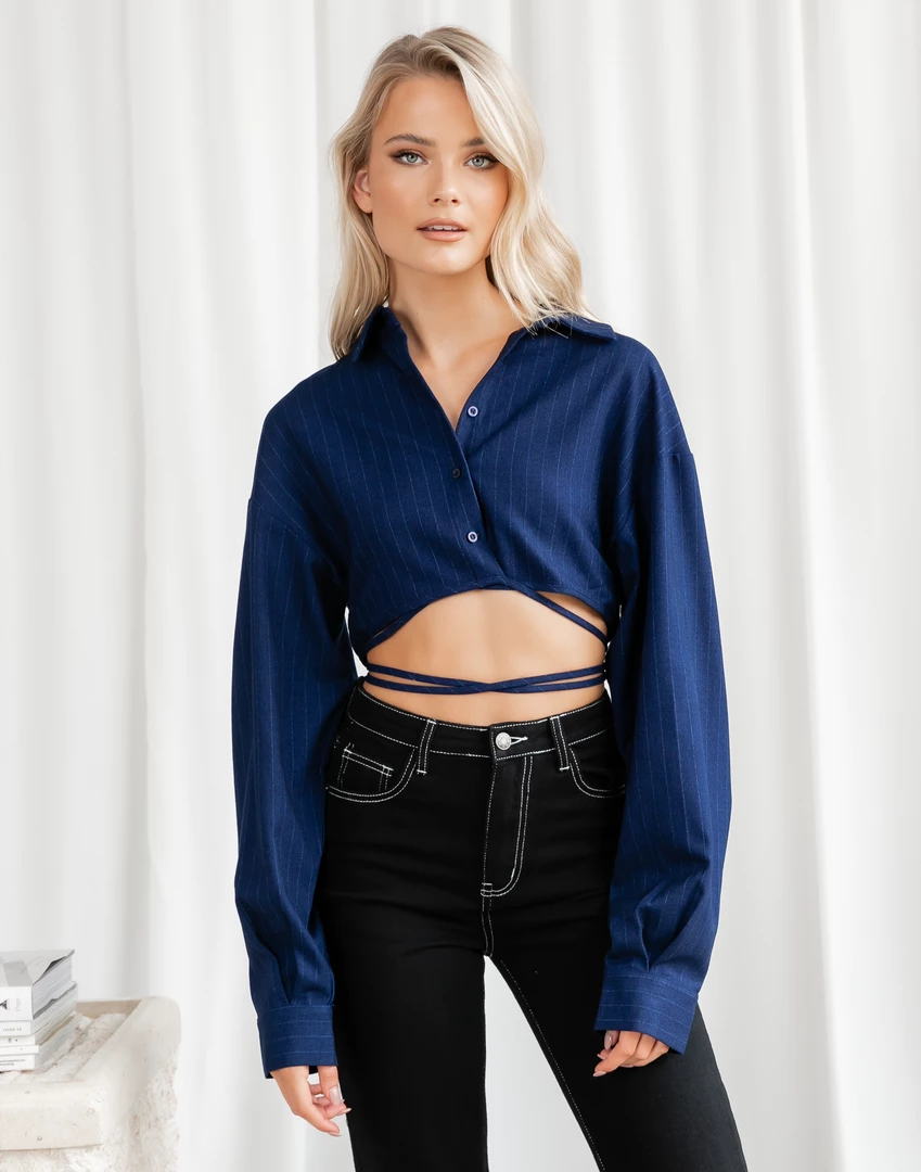 Hideaway Crop Shirt (Midnight Pinstripe) - By Lioness Tops 6 Hideaway Crop Shirt (Midnight Pinstripe) - By Lioness Tops