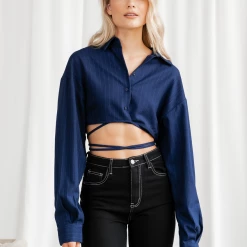 Hideaway Crop Shirt (Midnight Pinstripe) - By Lioness Tops 11 Hideaway Crop Shirt (Midnight Pinstripe) - By Lioness Tops