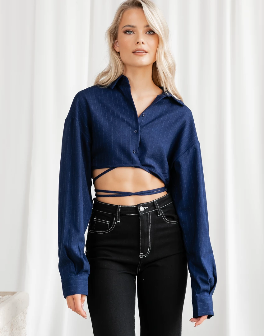 Hideaway Crop Shirt (Midnight Pinstripe) - By Lioness Tops 4 Hideaway Crop Shirt (Midnight Pinstripe) - By Lioness Tops