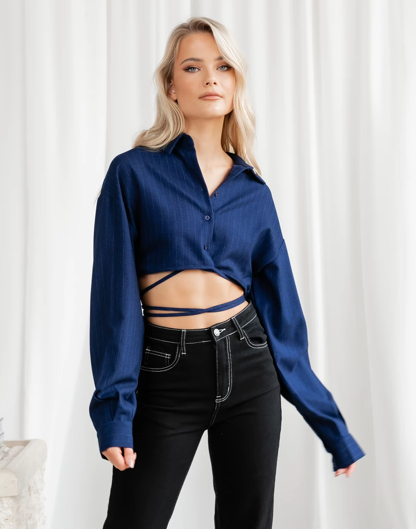 Hideaway Crop Shirt (Midnight Pinstripe) - By Lioness Tops 2 Hideaway Crop Shirt (Midnight Pinstripe) - By Lioness Tops