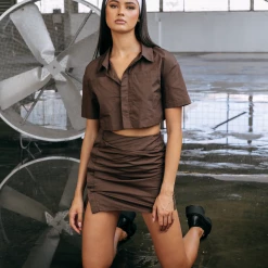 Charcoal Clothing Cara Cropped Shirt (Brown)