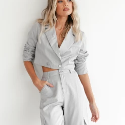 Into Fashion Davina Cropped Blazer (Grey Pinstripe)
