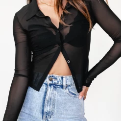 Into Fashion Tops Veronica Mesh Top (Black)