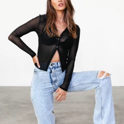 Into Fashion Tops Veronica Mesh Top (Black)