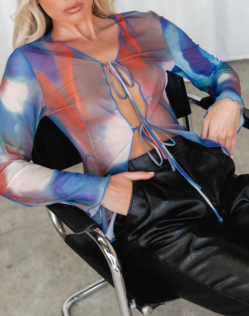 Charcoal Clothing Lylah Mesh Shirt (Blue Print) 2 Charcoal Clothing Lylah Mesh Shirt (Blue Print)