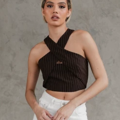 Charcoal Clothing Emily Pinstripe Crop Top (Brown) New Arrivals