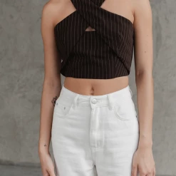 Charcoal Clothing Emily Pinstripe Crop Top (Brown) New Arrivals