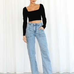 Into Fashion New Arrivals Maiah Long Sleeve Crop Top (Black)