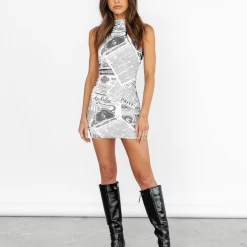 Charcoal Clothing New Arrivals Press Pass Mesh Mini Dress (Newspaper)