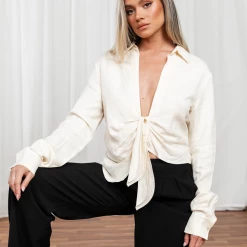 Tops Giza Plunge Top (Off White) - By Lioness