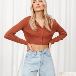 Into Fashion New Century Knit Cardigan (Burnt Orange) Tops