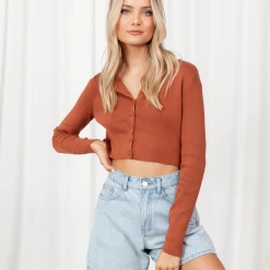 Into Fashion New Century Knit Cardigan (Burnt Orange) Tops