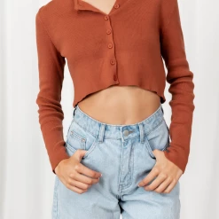 Into Fashion New Century Knit Cardigan (Burnt Orange) Tops