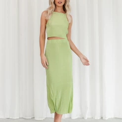 Into Fashions New Arrivals Lyla Plisse Midi Skirt (Green)