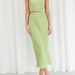 Into Fashions New Arrivals Lyla Plisse Midi Skirt (Green)