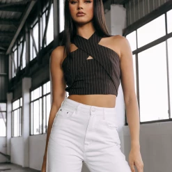 Charcoal Clothing Emily Pinstripe Crop Top (Brown) New Arrivals