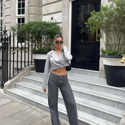 Into Fashion Davina Cropped Blazer (Grey Pinstripe)