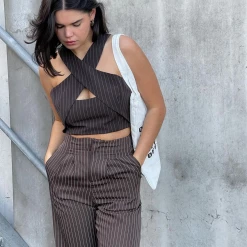 Charcoal Clothing Emily Pinstripe Crop Top (Brown) New Arrivals